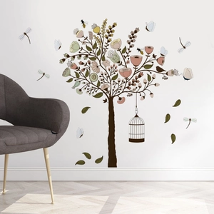 Artistic wall sticker featuring a tree, birdcage, and butterflies for home decor