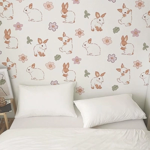 Cute bunny and flower wall stickers for bedroom with removable PVC cartoon rabbit design