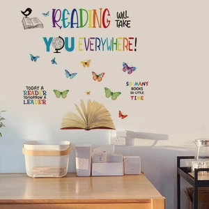Stickers muraux colorés avec papillons, livres et citations anglaises pour décoration