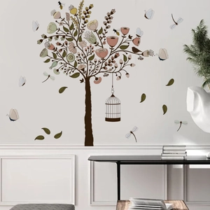 Floral tree wall sticker with birdcage and butterflies for home interior decoration
