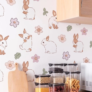 Cute bunny and floral PVC wall stickers for living room decor with self-adhesive design