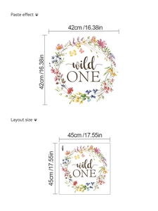 Macro layout of wild ONE floral wreath wall sticker showing paste effect and dimensions