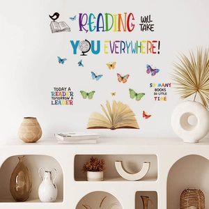 Stickers muraux colorés avec citations sur la lecture, papillons et livres