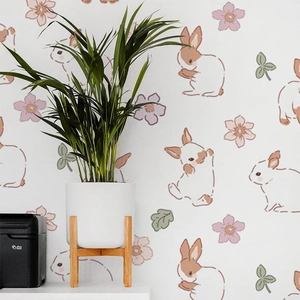 Cartoon rabbit and flowers wall decal for bedroom with hand-painted illustration style