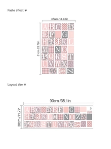 Detail showing layout and paste dimensions of pink and grey letter pattern wall stickers