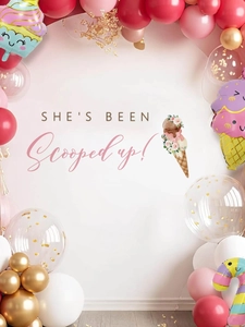 Detail of She's Been Scooped Up party wall decal with ice cream and balloon design