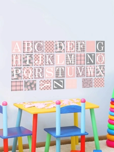 Square English alphabet wall stickers in pink and grey patterns for nursery decor