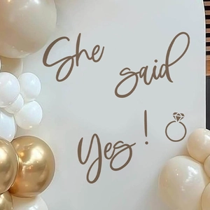 Brown She Said Yes wall sticker with diamond ring icon and decorative party balloons