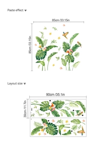 Detailed wall sticker layout with tropical leaves, parrot, and size dimensions specifications
