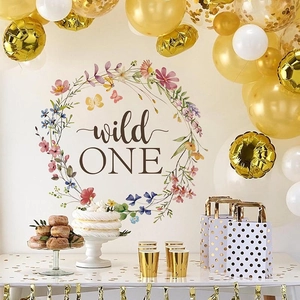 Wild One 1st Birthday Wall Sticker Flower Wreath Butterfly Floral Party Backdrop PVC Waterproof Removable Nursery Room Decor