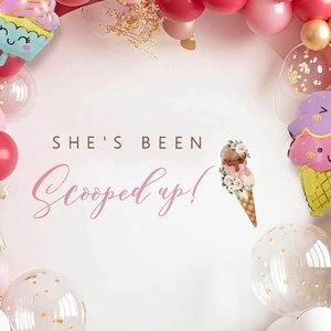 Ice cream bridal shower wall decoration with pink balloons and cupcake shapes