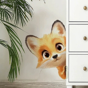 Sticker mural renard orange 3D mignon sortant d'un meuble blanc pour déco maison