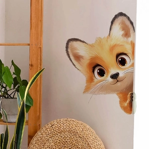 Sticker mural renard orange mignon pour coins de chambre, décor en PVC autocollant