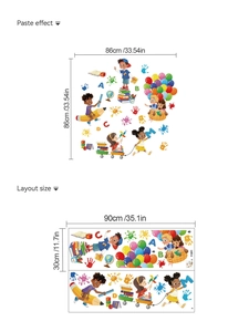 Detail of colorful cartoon wall decal layout and paste effect dimensions for kids room