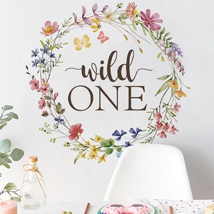 Floral wild ONE wall sticker with colorful flowers and butterflies for 1st birthday decor