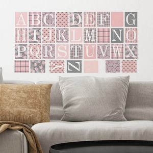 Pink and grey patterned PVC English alphabet wall stickers for modern living room decor