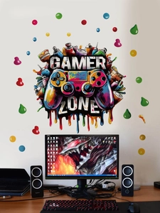 Close-up of gamer zone wall sticker featuring graffiti style controller on a bedroom wall