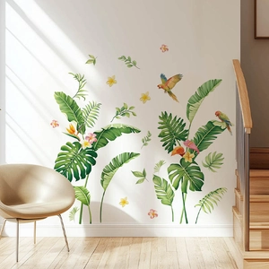Tropical rainforest wall stickers with green leaves, colorful birds and exotic flowers