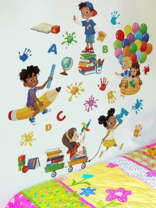 Detail of colorful children educational wall stickers featuring alphabet and art symbols
