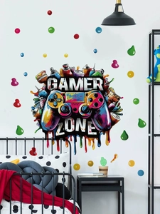 Detail view of colorful street art gamer zone wall sticker with controller and graffiti