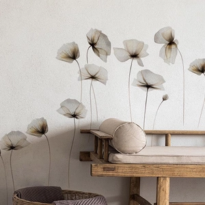 Stickers muraux fleurs de pavot beiges minimalistes pour décor de salon moderne