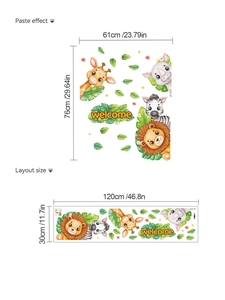 Details zum Layout und Klebeeffekt der Tier-Wandtattoos für Kinderzimmer mit Maßen