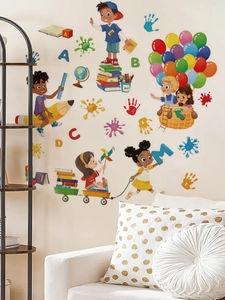 Educational cartoon wall stickers with kids and letters for child room decor