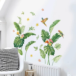 Tropical rainforest wall stickers with green leaves and parrots for home wall decor