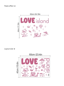 Detail of Love Island pink wall sticker showing layout size and beach paste effect