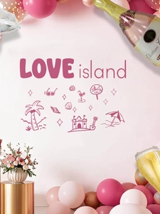 Close-up of pink Love Island wall sticker featuring palm trees and beach motifs