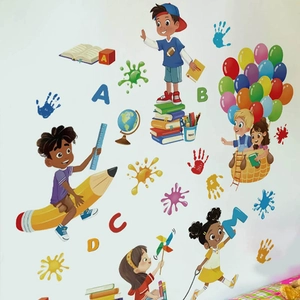 Cartoon Children Education Wall Stickers PVC Removable Colorful Alphabet Hot Air Balloon Decals Kids Room Decoration