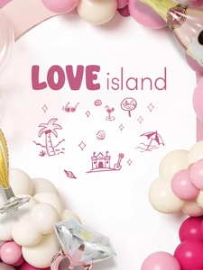 Pink Love Island wall decal detail with tropical beach icons and festive party decorations