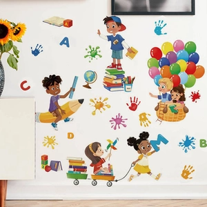 Colorful cartoon kids wall decals with books and balloons for nursery bedroom decor