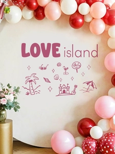 Pink Love Island wall stickers with palm trees and beach icons for party decoration
