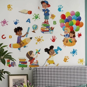 Colorful educational wall decals with children and school motifs for kids' bedrooms
