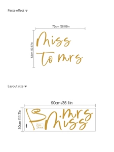 Golden Miss to Mrs wall decal sticker dimensions and layout guide for bridal party decor