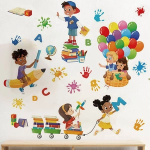 Colorful educational wall decals with school kids, letters, and pencil for playroom decor