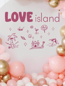 Detail of Love Island pink wall sticker backdrop with beach illustrations and balloons