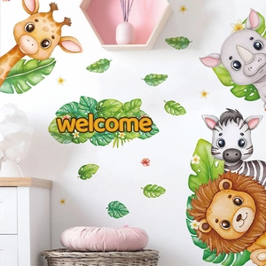 Aquarell Cartoon Dschungeltiere Wandtattoo Löwe Giraffe Zebra Nashorn Tropische Blätter Willkommensschild Selbstklebend PVC