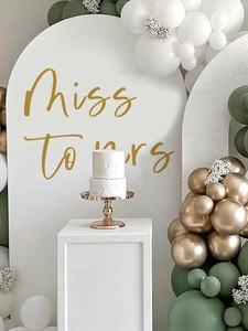 Detail of a Miss to Mrs wall decal on a white arch background with sage green balloons