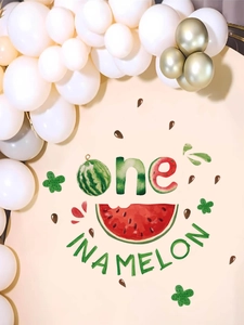 Watermelon theme first birthday party backdrop with 'One in a Melon' slogan and balloons