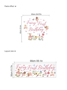 Detailed size layout of fairy first birthday PVC wall decals with mushroom and butterfly