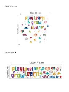 Détail d'autocollants muraux alphabet colorés avec mise en page et taille 85x85cm