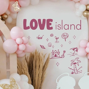 Pink Love Island party backdrop set with beach theme icons and 3D butterfly wall stickers