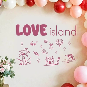 Pink Love Island wall decals with palm trees and shells for romantic bedroom decor