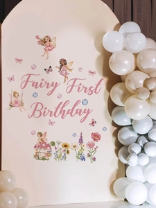 Detail of Fairy First Birthday wall sticker with pink text and floral forest fairy elements