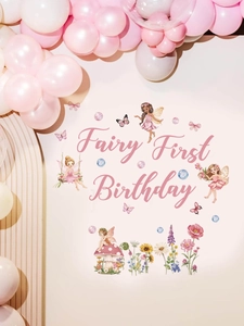 Detailed fairy first birthday wall decals with butterfly and floral art for girl party decoration