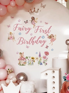 Detail of Fairy First Birthday wall sticker with pink flowers and butterfly motifs
