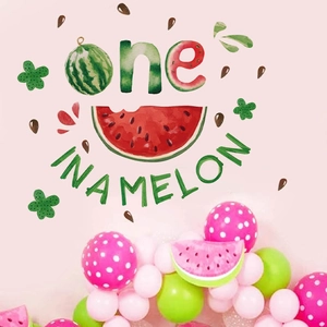 One In A Melon 1st birthday wall sticker kit with pink and green balloons party decor
