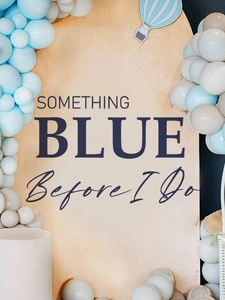 Detail view of light blue and beige balloon arch with Something Blue Before I Do sign
